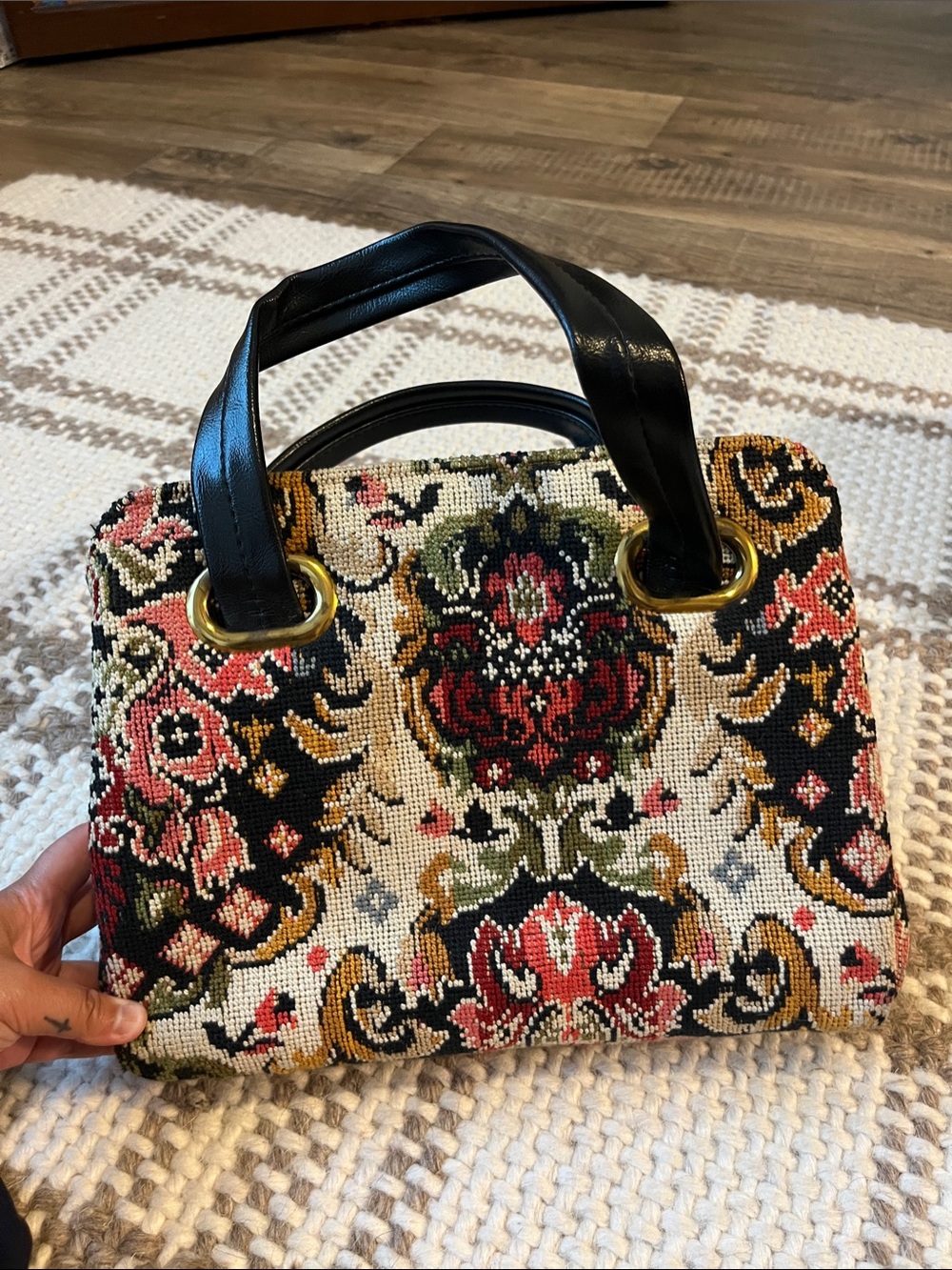 Tapestry-Style Black Multi Handbag with Gold Hardware
